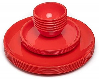 AWICKTIK Pack of 24 Plastic Red BPA Free Dinner Set Combo (6 Full Plates+6 Half Plates+12 Bowls ) Dinner Set(Red, Microwave Safe)