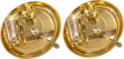 M&V CRAFT PURE Pack of 2 Brass Embossed Design THALI Set PacK of- 04 ITEMS Dinner Set(Gold)