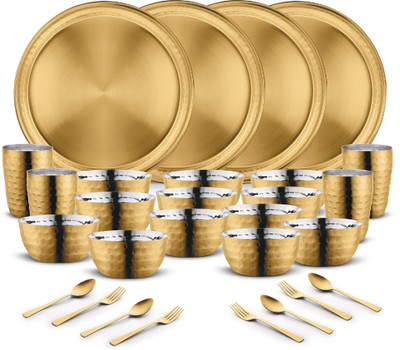 Classic Essentials Pack of 28 Stainless Steel High Grade Golden PVD Coating Hammered Dinner Set | Serve for 4 Dinner Set(Gold)