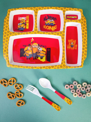 Servewell Pack of 3 Melamin 5 Part Plate and Fork & Spoon 16 cm Set 3 pc - Minions Dinner Set(Multicolor)