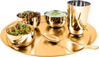 Shri & Sam Pack of 5 Stainless Steel Thali set Majestic - Gold Dinner Set(Gold)