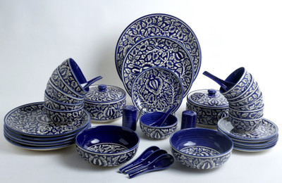 caffeine Pack of 37 Ceramic Handmade Blue Mughal Dinner Set(Blue, Microwave Safe)