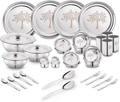 Classic Essentials Pack of 36 Stainless Steel Dinner Set|Serves 4 People|Heavy Gauge|Kitchen Set|Permanent Laser-Vriksha Dinner Set(Silver)
