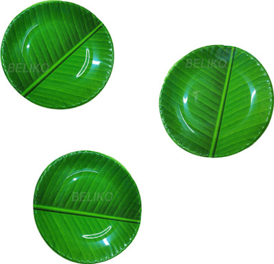 Beliko Pack of 3 Melamin Banana Leaf Design Round Shape Melamine Plates Pack of 3 Small Plates Dinner Set(Green, Microwave Safe)