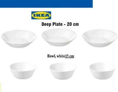 IKEA Pack of 6 Opalware Digital Shoppy Deep Plate (3 Pc) and Serving Bowl (3 Pc) Dinner Set(White, Microwave Safe)