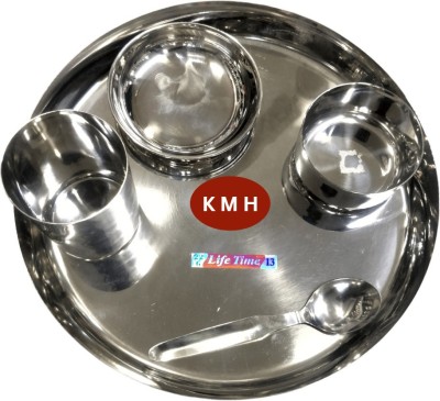 KMH Pack of 12 Stainless Steel Stainless Steel Thali Bhojan Set of Dinner Plate, Katori Bowl, Glass, Spoon Dinner Set(Silver, Microwave Safe)