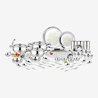 Classic Essentials Pack of 64 Stainless Steel Floral Dinner Set, Heavy Gauge with Permanent Laser Design Dinner Set(Silver)