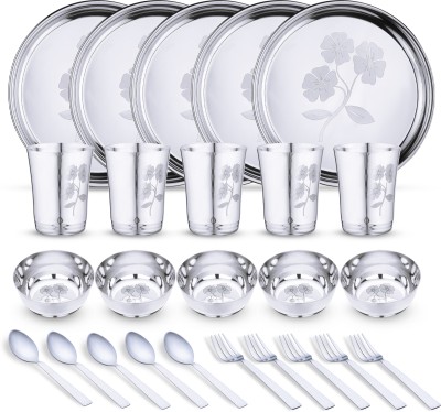 LIMETRO STEEL Pack of 25 Stainless Steel Laser Printed Flawer Design (Serves 5) Dinner Set(Steel)