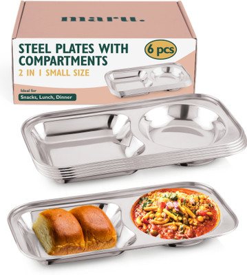 MARU Pack of 6 Stainless Steel Tableware Compartment Plate|2 in 1 Rectangle Shape Plate Dinner Set(Silver)