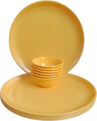 bestifo Pack of 12 Plastic Porcelain Look, Ultra Light, Break Resistant (6 Full Plates And 6 Bowls) Dinner Set(Yellow, Microwave Safe)