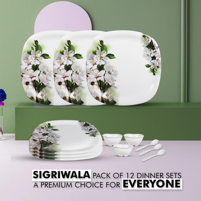 Sigri-wala Pack of 12 Melamin Dinner Set(Green, White)