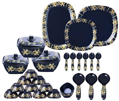 Maharaja Melamine Pack of 40 Melamin Style Melamine Dinner Set Pack 40 Pieces Black with Golden Print Dinner Set(Blue, Gold, Microwave Safe)