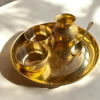NECON Pack of 5 Brass Divyathali Traditional Brass Pooja Thali Set Dinner Set(Gold, Microwave Safe)