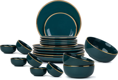 Shay Pack of 21 Ceramic Premium Dinner Set | Teal Gold Line | Durable & Stylish | Gift Option Dinner Set(Green)