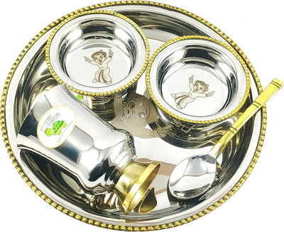 CHEF TURTLES Pack of 5 Stainless Steel Kids 5pcs Dinner Lunch Set with 2 Bowls 1 Spoon 1 Plate Glass Kids Dinner Set(Silver, Gold, Microwave Safe)