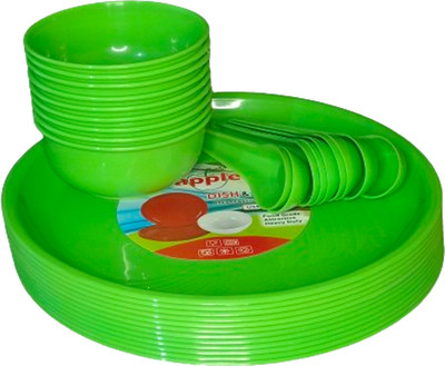 x pods Pack of 18 Plastic Colour Full Family Lunch Dinner Set 6 Bowl 6 Plates 6 Spoon Food Grade Dinner Set(Green, Microwave Safe)