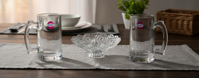 Somil Pack of 3 Glass Afast Combo of 2 Beer Glasses and 1 Snack Plate : Glass, Set of 3, 35 X 35 CM Dinner Set(Clear, Microwave Safe)