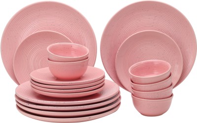 Bodhi House Pack of 18 Ceramic Handcrafted Dinning 6 Dinner Plate, 6 Small Plate and 6 Small Bowl Dinner Set(Pink, Microwave Safe)