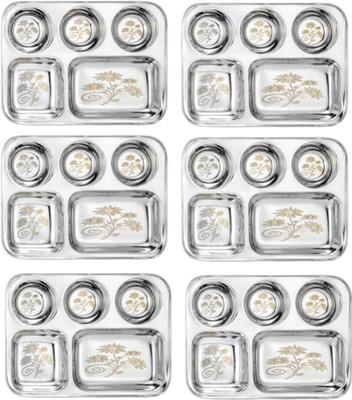 Qality Pack of 6 Stainless Steel Heavy Bhojan Thali/Dinner Plate with 5 Compartment (Rust Free) (Crack Warranty) Dinner Set(Grey, Microwave Safe)