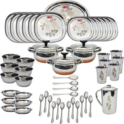bartancart Pack of 57 Stainless Steel dinner set balaji laser copper bottom square 57 piece Dinner Set(Silver)