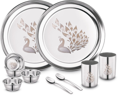 Classic Essentials Pack of 10 Stainless Steel Dinner Set|Serves 2 People|Heavy Gauge|Kitchen Set|Permanent Laser-Peacock Dinner Set(Silver)