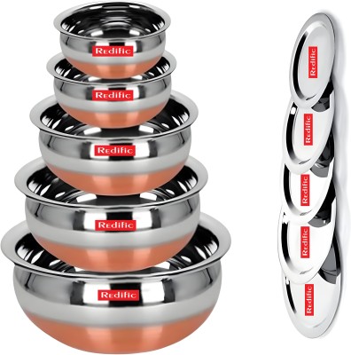 Redific Pack of 10 Stainless Steel Stainless Steel Handi Set Copper Bottom handi set of 5 Cookware/ Container/pot pan/patila/bhagona/Serving bowl/biryani cook & serve Set With Lids (Stainless Steel, Copper, Induction Bottom) Stainless Steel Serving Bowl (Silver, Pack of 5) Dinner Set(Silver, Microwa