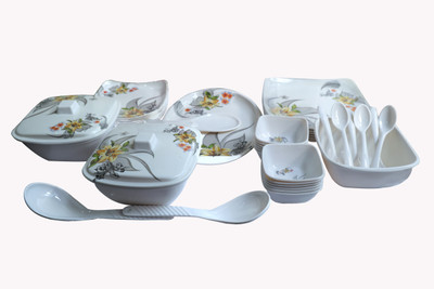 Kunka Pack of 40 Melamin DS Plaza Dinner Set for Hosting Guests Dishwasher Safe Dinner Set(White, Multicolor)