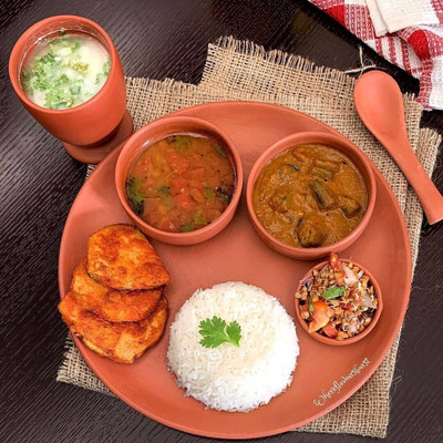 the handicraftian Terracotta Handcrafted Terracotta Dinner Set | Eco-Friendly | Plate, Bowls, Spoon, Glass Dinner Set(Orange)