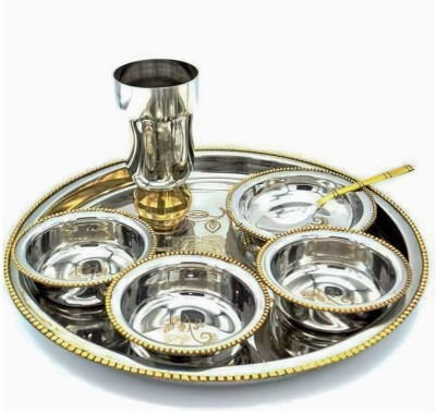 SAUBHAGYA Pack of 7 Stainless Steel 7 pieces Dinner Set Thali Set, Bowl, Spoon, Glass with Gold Look Dinnerware Dinner Set(Steel)