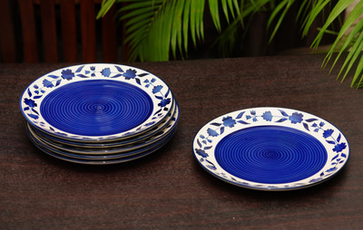HOUSELA Pack of 6 Ceramic Floral 'Blue and White Plate Pair' Handpainted Plates in Ceramic 10 Inches Dinner Set(Blue, White, Microwave Safe)