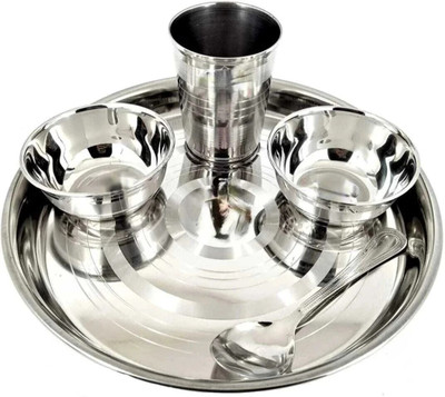 BluNeo Pack of 5 Stainless Steel Daily Use Luxury 1 Thali, 2 Bowl, 1 Glass & 1 Spoon Lunch & Dinner Set(Silver, Steel)