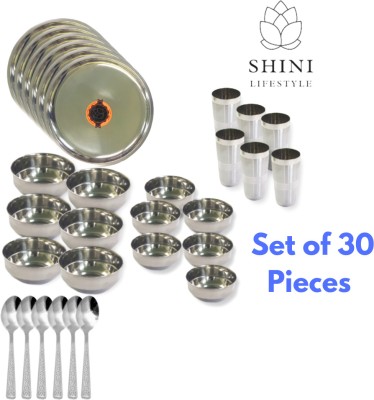 SHINI LIFESTYLE Pack of 30 Stainless Steel Family dinner Kitchenware H0me essentials Steel Dinner Set, Glass, Spoon Katoris Dinner Set(Silver)