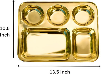 NECON Pack of 6 Brass Dinner Plate/Thali with Round Extra Deep Compartment (Set of 6) Dinner Set(Gold, Microwave Safe)