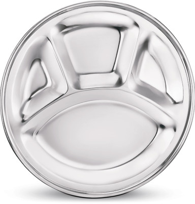 Classic Essentials Stainless Steel Round Lunch Dinner Plate, Bhojan Thali 4 in 1 Compartments Dinner Set(Silver)
