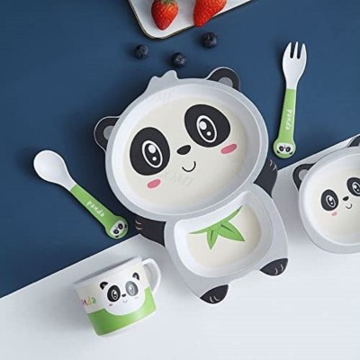 DIKUJI ENTERPRISE Pack of 5 Bamboo Panda Bamboo Dinner Set for Kids - Dishwasher Safe Plate Dinner Set(Multicolor, Microwave Safe)