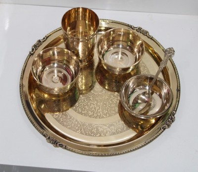 Muke Pack of 6 Brass Dinner/Thali Set of 1 Plate,1 Glass,1 Spoon,1 Pudding Bowl &2 Big Bowls Dinner Set(Gold)