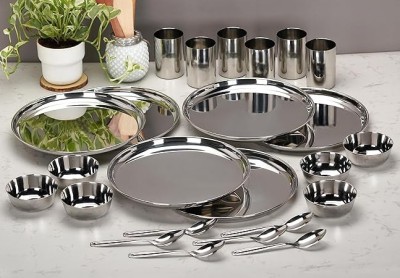 STEEPLE Pack of 24 Stainless Steel Dinner Set Mirror Finish Set of 24 Pcs (6 Plate, 6 Bowl, 6 Glass, 6 Spoon) Dinner Set(Silver, Microwave Safe)