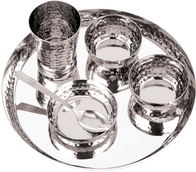 PanCraft Pack of 6 Stainless Steel Royal 6pc Stainless Steel Dinner Set | Hammered Mirror Finish | 11.5 Inch Dinner Set(Silver)