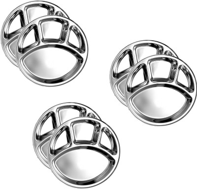 Masox Store Pack of 6 Stainless Steel Stainless Steel Round 4 in 1 Compartment Lunch/Dinner Plate Set for Home K8 Dinner Set(Silver, Microwave Safe)