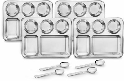 Classic Essentials Pack of 4 Stainless Steel 5 in 1 Compartments Bhojan Thali with Spoon Dinner Set(Silver)