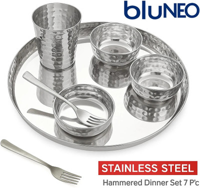 BluNeo Pack of 7 Stainless Steel Royal Rajwadi Hemmer Finish Dinner set Dinner Set(Silver)