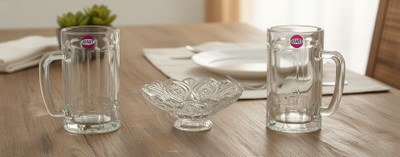 Somil Pack of 3 Glass Afast Combo of 2 Beer Glasses and 1 Snack Plate : Glass, Set of 3, 35 X 35 CM Dinner Set(Clear, Microwave Safe)