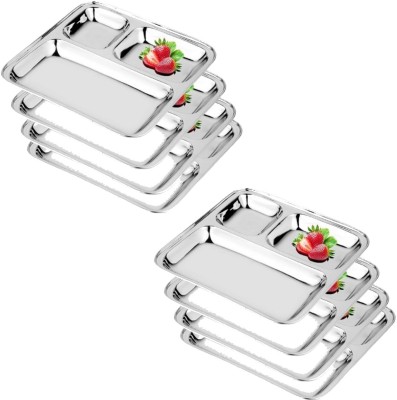 Masox Store Pav Bhaji Plates Steel Partition, Breakfast Plates for Lunch, Dinner Kids K8 Sectioned Plate(Pack of 8, Microwave Safe)