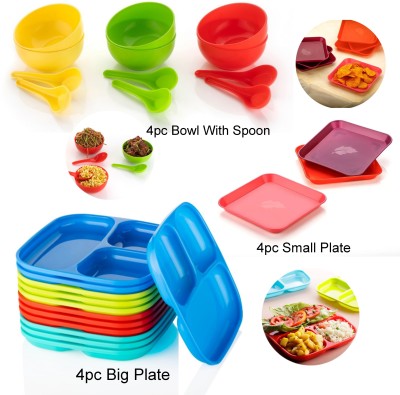 SANCORP Pack of 12 Plastic Colorful Dinner Plates for Daily Use, Unbreakable With Bowl And Snack Plates Dinner Set(Multicolor, Microwave Safe)