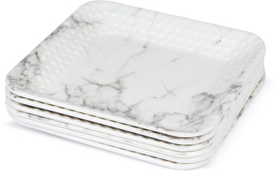 Affankhan Pack of 6 Melamin Marbel Printed Melamine Square Snacks/Starters Small Dinner Plates Dinner Set(White, Microwave Safe)