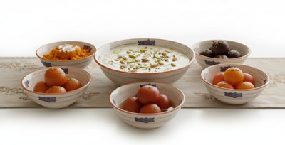 GHARKICHAMAK Pack of 7 Bone China Ghar ki chamak Orange line Design Dinner Set(Gold, Orange, White, Microwave Safe)