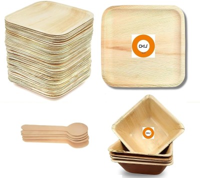OKU Pack of 25 Wood PACK OF 75 Areca Leaf (Square Plates 6 Inches+ Square Bowl 4 Inches + Spoon) Dinner Set(Beige, Microwave Safe)