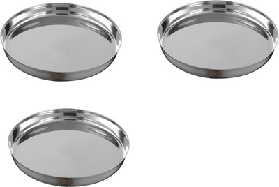 Tannu Craft Pack of 3 Stainless Steel Stainless Steel thali Traditional Shape Heavy Gauge Dinner Plate/Bhojan Thali Dinner Set(Silver)