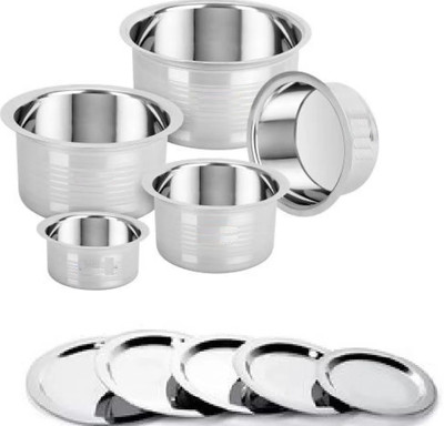 Nirvika Pack of 5 Stainless Steel tope set with Lid / Urli Set/Serving bowl Cookware Set Dinner Set(Silver, Microwave Safe)