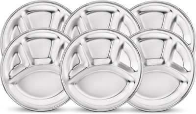 Classic Essentials Pack of 6 Stainless Steel Round Lunch Dinner Plate, Bhojan Thali 4 in 1 Compartments Dinner Set(Silver)